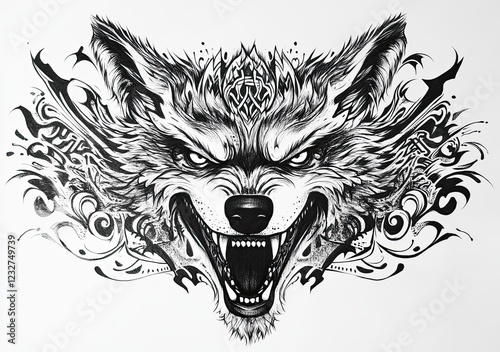 A Viking-Celtic illustration motif featuring a wolf's head design for a tattoo, set against a white background photo