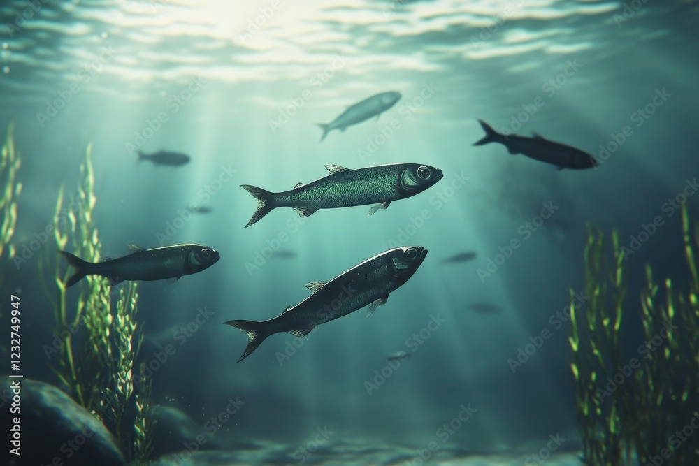 Obraz premium School of fish swimming under water of sea. School sardinella fish swims in underwater.