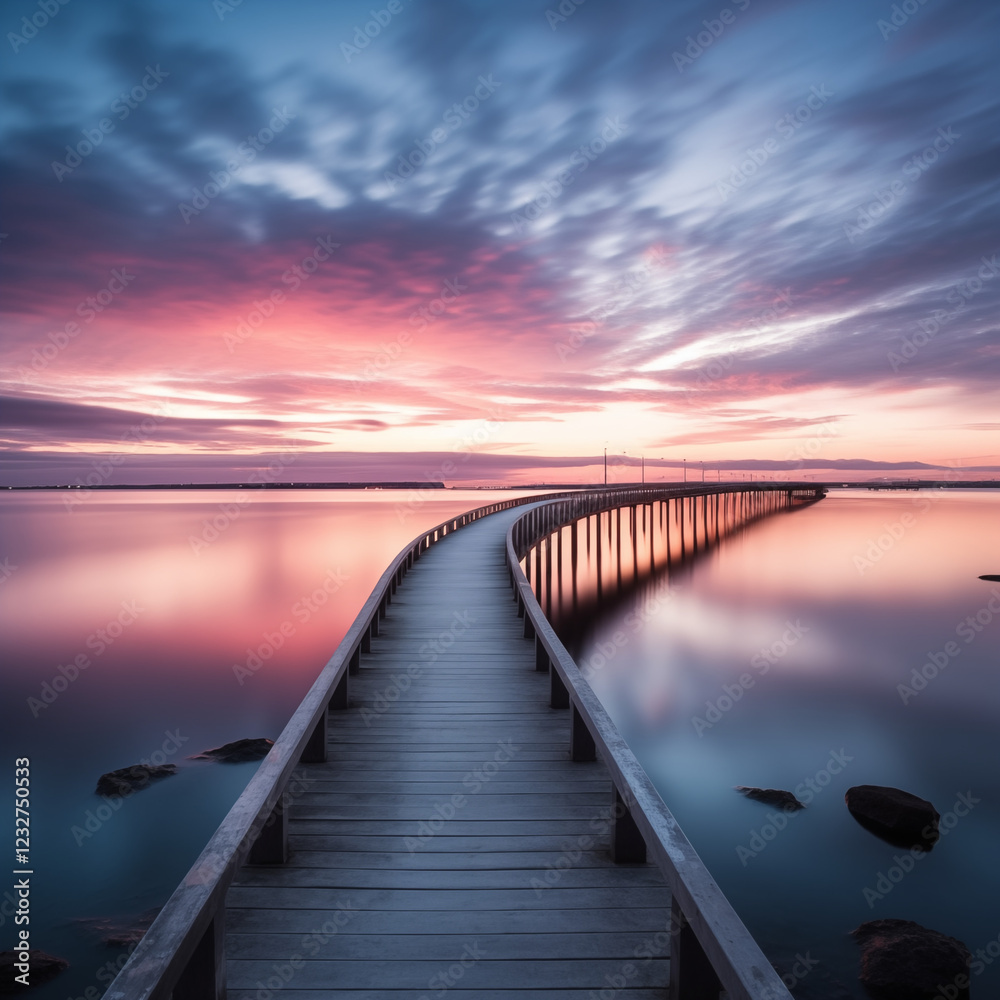 Fototapeta premium long wooden bridge endless horizon sunset pink purple hues serene tranquil natural beauty