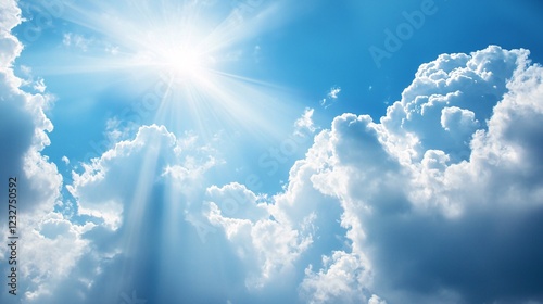 Bright Sunlight Breaking Through Soft Clouds in a Clear Blue Sky