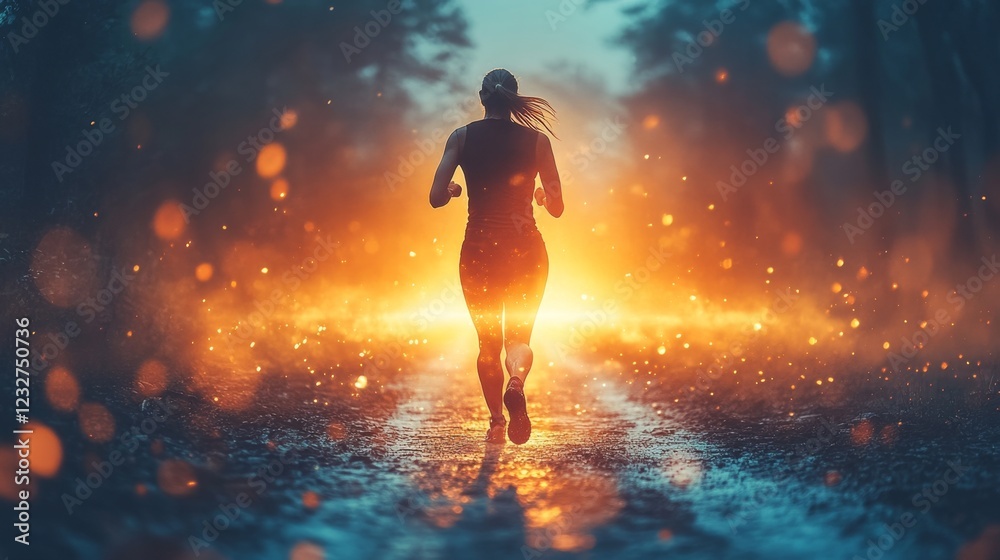 Fototapeta premium Focused Athlete Silhouette Running on a Trail Toward the Horizon