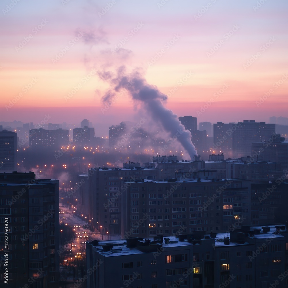 Chronic pollution harms air quality and public health. Urban skyline at sunset with smoke rising and city lights glowing. Chronic pollution harms air quality and public health. Urban skyline at sunset with smoke rising and city lights glowing.