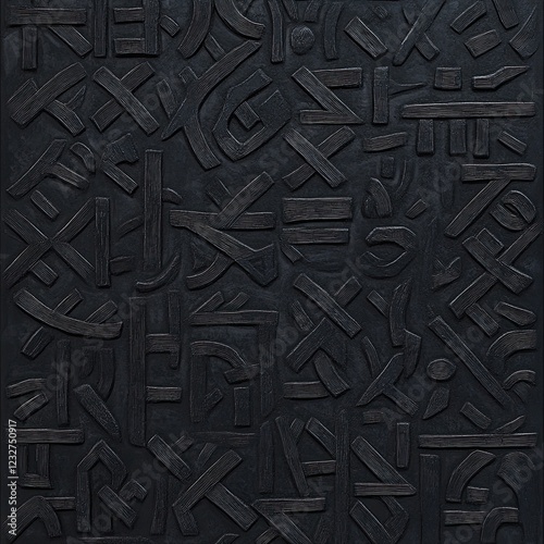 A black seamless pattern with white runes scrawled across it, showcasing Scandinavian gothic folk art. This ethnic Norwegian-Icelandic background includes Viking runes, mystical Pagan signs, and the