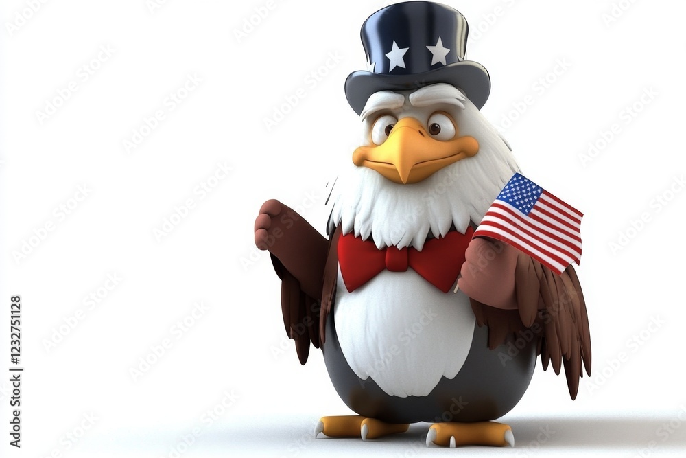 Obraz premium Friendly 3D Cartoon Bald Eagle Wearing a Top Hat as a Patriotic Symbol