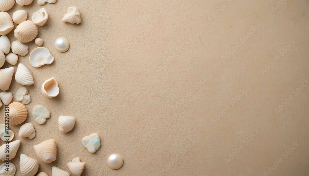Seashells and Pearls on Beige Background Seashells and Pearls on Beige Background