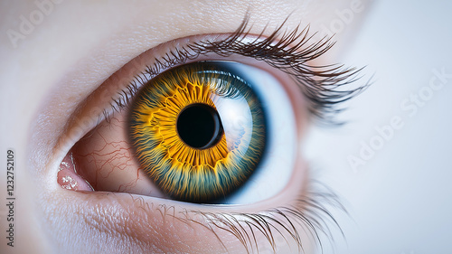 hyper realistic image of robotic eye showcasing intricate details, vibrant colors, and lifelike appearance. eye features striking orange and blue iris, emphasizing its advanced design