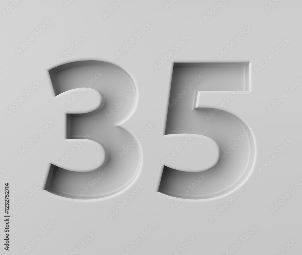 Sleek White Number 35 Thirty Five With Subtle Shadow Embossed Into Grey Background 3D Illustration Sleek White Number 35 Thirty Five With Subtle Shadow Embossed Into Grey Background 3D Illustration
