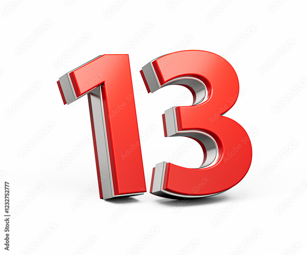 Bold Vibrant Red Number Thirteen Number 13 With Metallic On White Background 3D Illustration Bold Vibrant Red Number Thirteen Number 13 With Metallic On White Background 3D Illustration