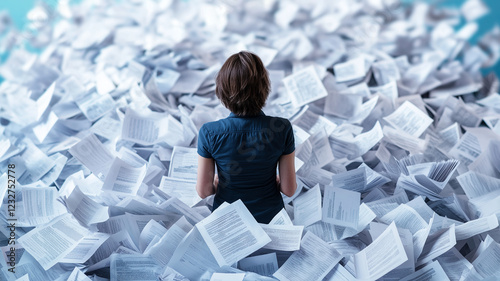 person stands in center of endless pile of paper, surrounded by chaos and overwhelming documentation. scene evokes feelings of stress and confusion