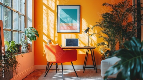 A cheerful, colorful office setup with comfortable seating, a desk with laptop, vibrant wall art. Room filled with plants bright sunlight, creating inspiring environment for both work and relaxation photo