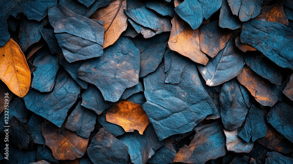 Autumn leaves, dark blue and orange, ground cover, nature texture, background design Autumn leaves, dark blue and orange, ground cover, nature texture, background design
