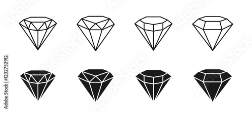 Diamond crystal vector icons.
Flat and outline diamonds crystals.