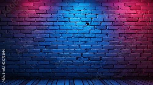 brick wallbackground with blue and pink neon lights photo