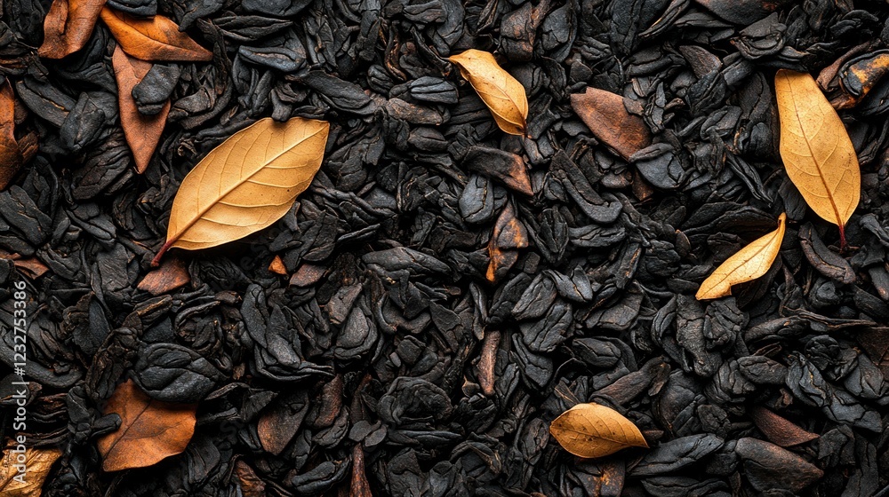 Autumn leaves on dark mulch; garden background, texture Autumn leaves on dark mulch; garden background, texture