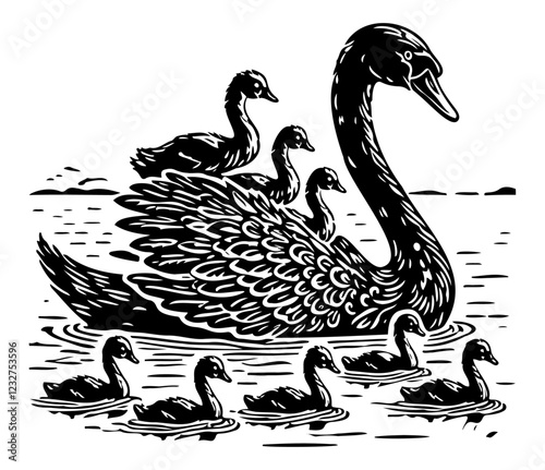 Black swan with cygnets swimming, black and white vector illustration 