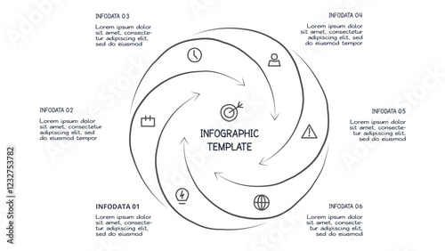 Doodle infographic elements with 6 options. Vector business template for presentation