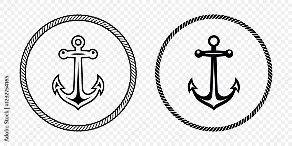 Black and White Anchor Icon Set. Flat Vector Monochrome Anchor Shapes in Circular Rope Frame. Nautical Anchor Symbols, Marine Rope Border Design. Vector Illustration Black and White Anchor Icon Set. Flat Vector Monochrome Anchor Shapes in Circular Rope Frame. Nautical Anchor Symbols, Marine Rope Border Design. Vector Illustration