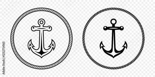 Black and White Anchor Icon Set. Flat Vector Monochrome Anchor Shapes in Circular Rope Frame. Nautical Anchor Symbols, Marine Rope Border Design. Vector Illustration