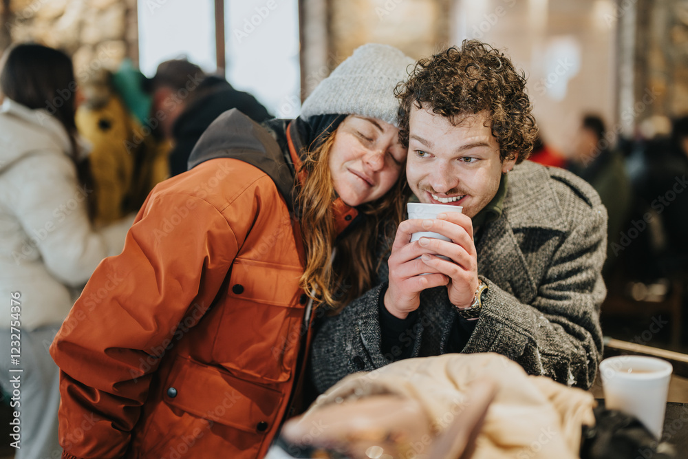 Obraz premium A close-up of a cheerful couple sharing a warm moment with cups of hot drinks, surrounded by a cozy crowd in a winter-themed setting. The scene radiates warmth, joy, and companionship.