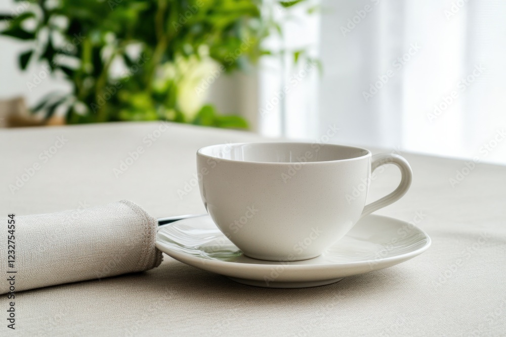a white teacup and saucer sit on a linen tablecloth with a green plant in the background. a white teacup and saucer sit on a linen tablecloth with a green plant in the background.