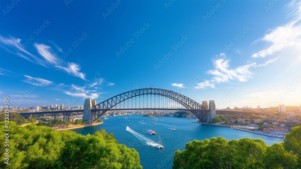 Naklejka premium wide angle shot of Sydney Harbour Bridge under clear blue sky, showcasing boats on water and lush greenery in foreground. scene captures vibrant atmosphere of Sydney