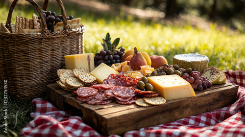 A cozy picnic setup on a grassy meadow, featuring a wooden charcuterie board loaded with cheese, cured meats, crackers, fresh fruit, and olives, alongside a woven basket and a red-checkered blanket.