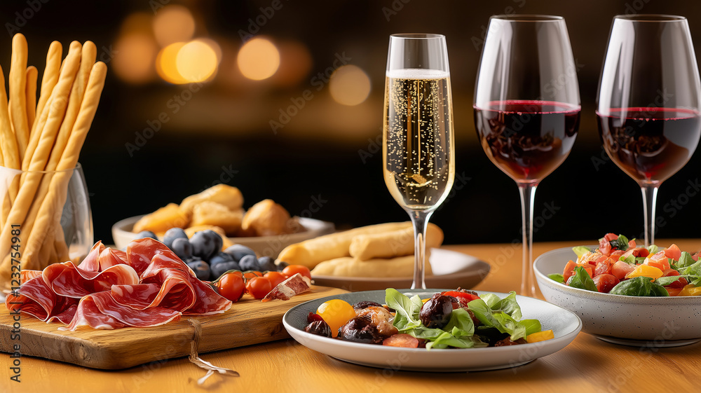 wooden table displays elegant charcuterie board with assorted meats, fresh salads, and fruits, complemented by glasses of red wine and sparkling beverage, creating festive atmosphere