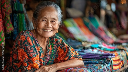 elderly Thai woman wearing a traditional blouse and sarong sitting at a festival market selling handmade fabrics warm smile cultural craftsmanship deep-rooted traditions Stock Photo with side copy