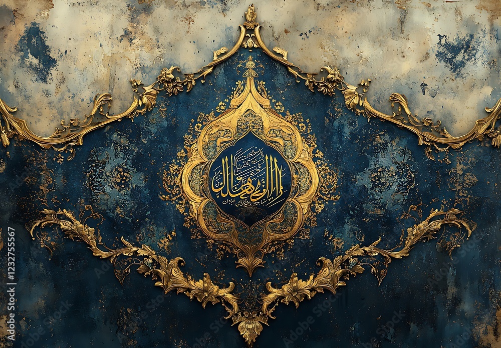 Fototapeta premium Ornate Golden Islamic Calligraphy on a Blue Marbled Background with Elegant Arabesque Designs