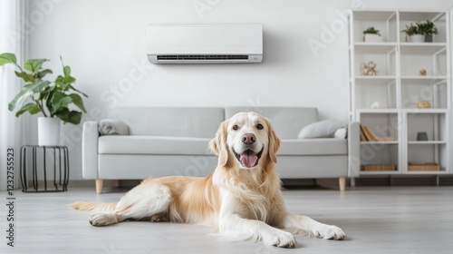 golden retriever dog in modern interior with air conditioner hanging on wall