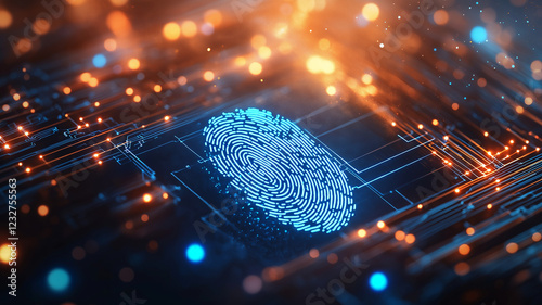 Digital fingerprint on circuit board background, symbolizing biometric security systems and technology. vibrant colors and glowing lines create futuristic atmosphere