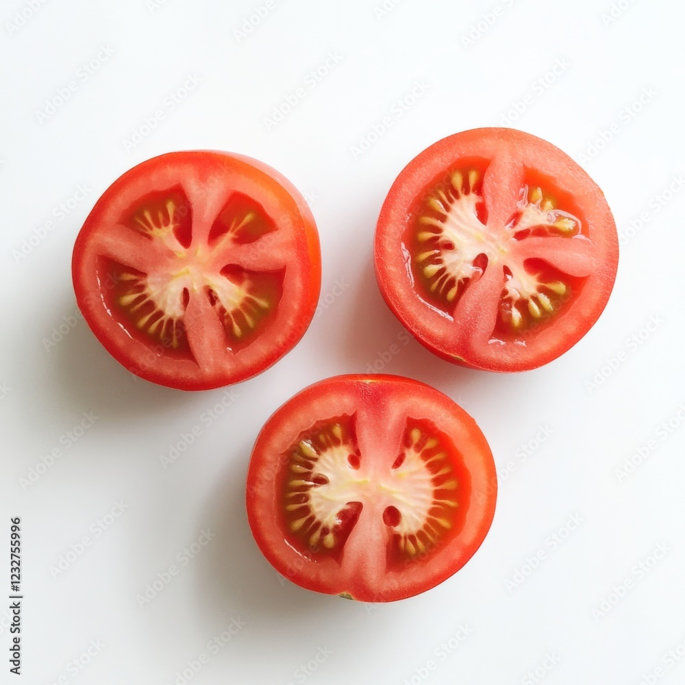 three slices of fresh red tomato on a white background