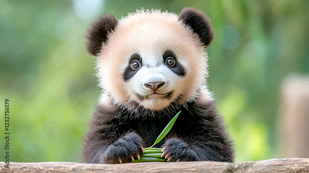 Obraz premium Adorable panda cub eating bamboo, lush green background, wildlife conservation