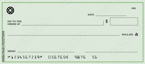 Green Bank check. US dollar check background. Currency payment coupon. Blank money cheque. Check book template with pattern and empty fields.