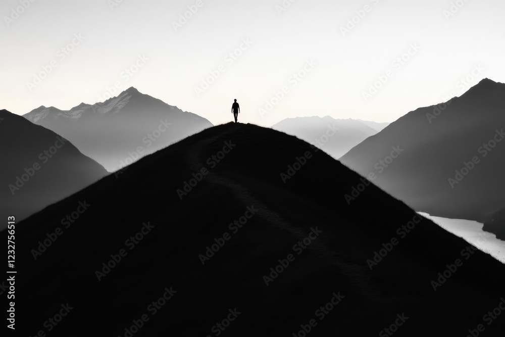 silhouette of a person standing on a mountain peak at sunrise