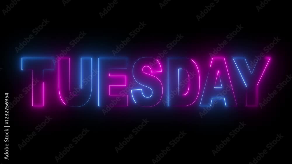 Glowing neon lines tuesday text animation on black background. Seamless loop. Neon tuesday neon sign animation. Glowing neon lines tuesday text animation on black background. Seamless loop. Neon tuesday neon sign animation.