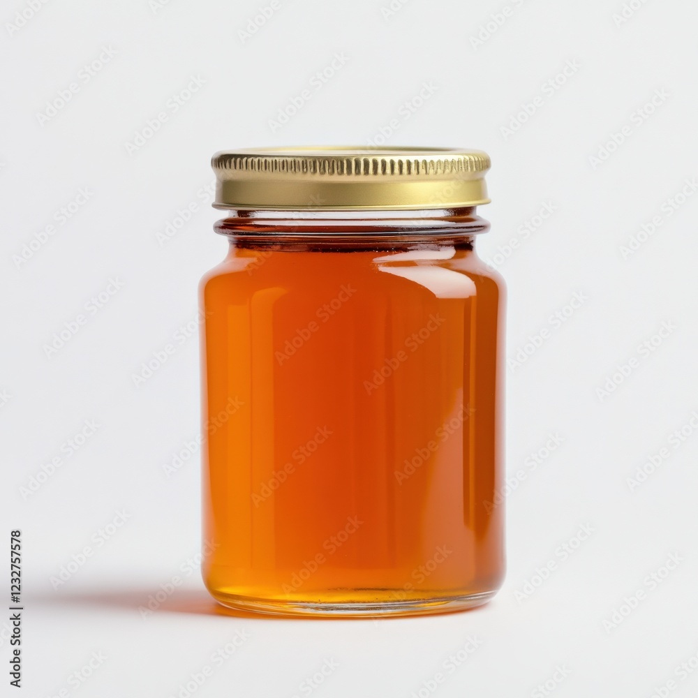glass jar of honey with gold lid on white background glass jar of honey with gold lid on white background