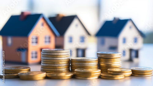 Colorful toy houses with stacks of coins on table, symbolizing savings and investment in real estate. scene evokes sense of financial planning and childhood nostalgia