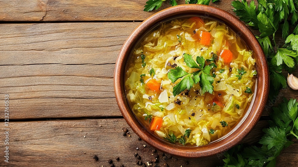 Cabbage soup in a bowl on a wooden background. Top view, space for text Cabbage soup in a bowl on a wooden background. Top view, space for text