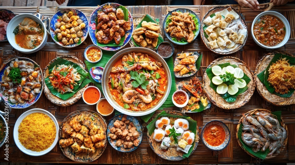 family members sitting on woven mats enjoying a home-cooked Thai meal vibrant dishes warm atmosphere cultural togetherness Stock Photo with side copy space family members sitting on woven mats enjoying a home-cooked Thai meal vibrant dishes warm atmosphere cultural togetherness Stock Photo with side copy space