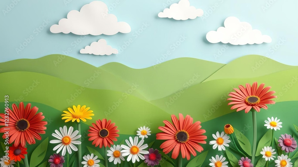 Fototapeta premium Vibrant and whimsical paper cut landscape with mountainous background, fluffy white clouds, rolling green hills, colorful paper flowers, daisies, gerbera, daisies, colorful, fluffy white clouds