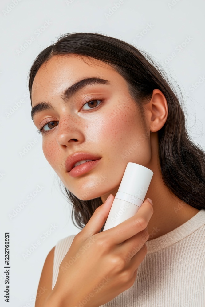 Beautiful Young Woman Holding Skincare Product Against Neutral Background Beautiful Young Woman Holding Skincare Product Against Neutral Background