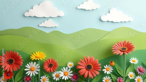 Vibrant and whimsical paper cut landscape with mountainous background, fluffy white clouds, rolling green hills, colorful paper flowers, daisies, gerbera, daisies, colorful, fluffy white clouds