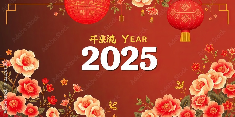 Naklejka premium Vibrant illustration of a snake surrounded by traditional Chinese New Year decorations, greeting card, floral, prosperity