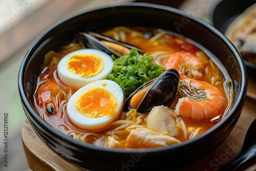 Hot and sour seafood noodle soup with soft boiled egg.