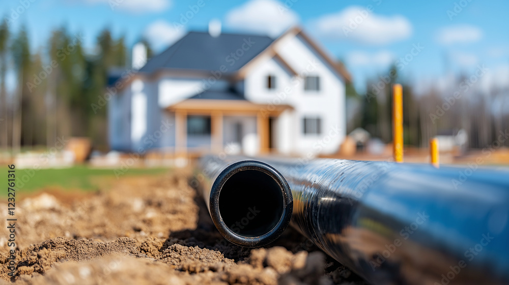 New house under construction with underground water pipe in focus, showcasing building site and surrounding nature. image captures essence of home development and progress New house under construction with underground water pipe in focus, showcasing building site and surrounding nature. image captures essence of home development and progress