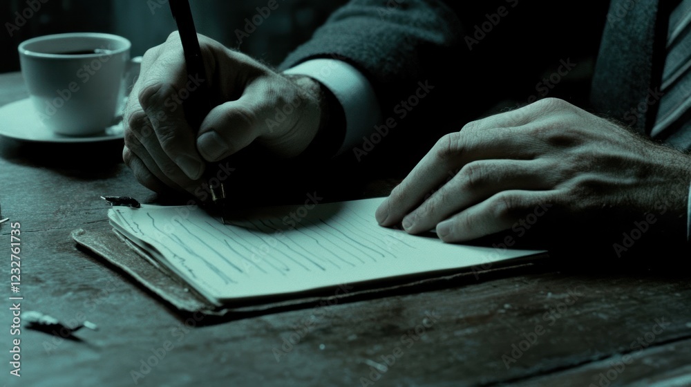 Intense Handwriting in Dim Light: A Man's Focused Scribing