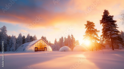 serene winter landscape featuring glass igloo cabins surrounded by snow covered trees. warm glow of sunset casts magical light over scene, creating peaceful atmosphere