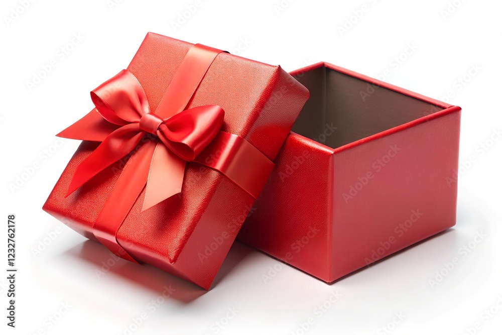 Obraz premium Open single red gift box with a realistic view from the top, creating a festive and charming atmosphere for a celebration.