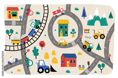 Cute little town map with cars, houses, mountains, roads, trees, train, police car, ambulance, truck. Doodle cityscape for nursery carpet print. Hand-drawn maps for kids room, nursery decor, bed linen